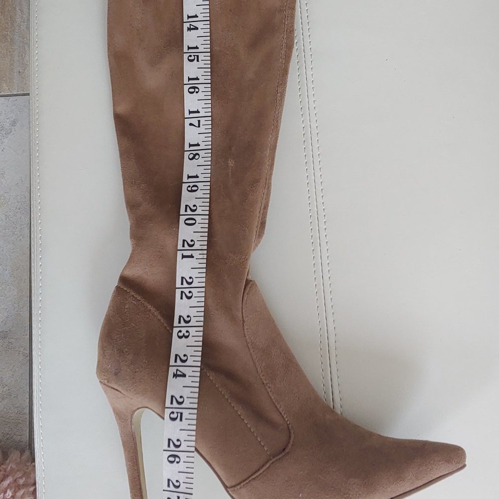 Over The Knee Tan Faux Suede Stiletto Heel Boots - Picture 2 of 9